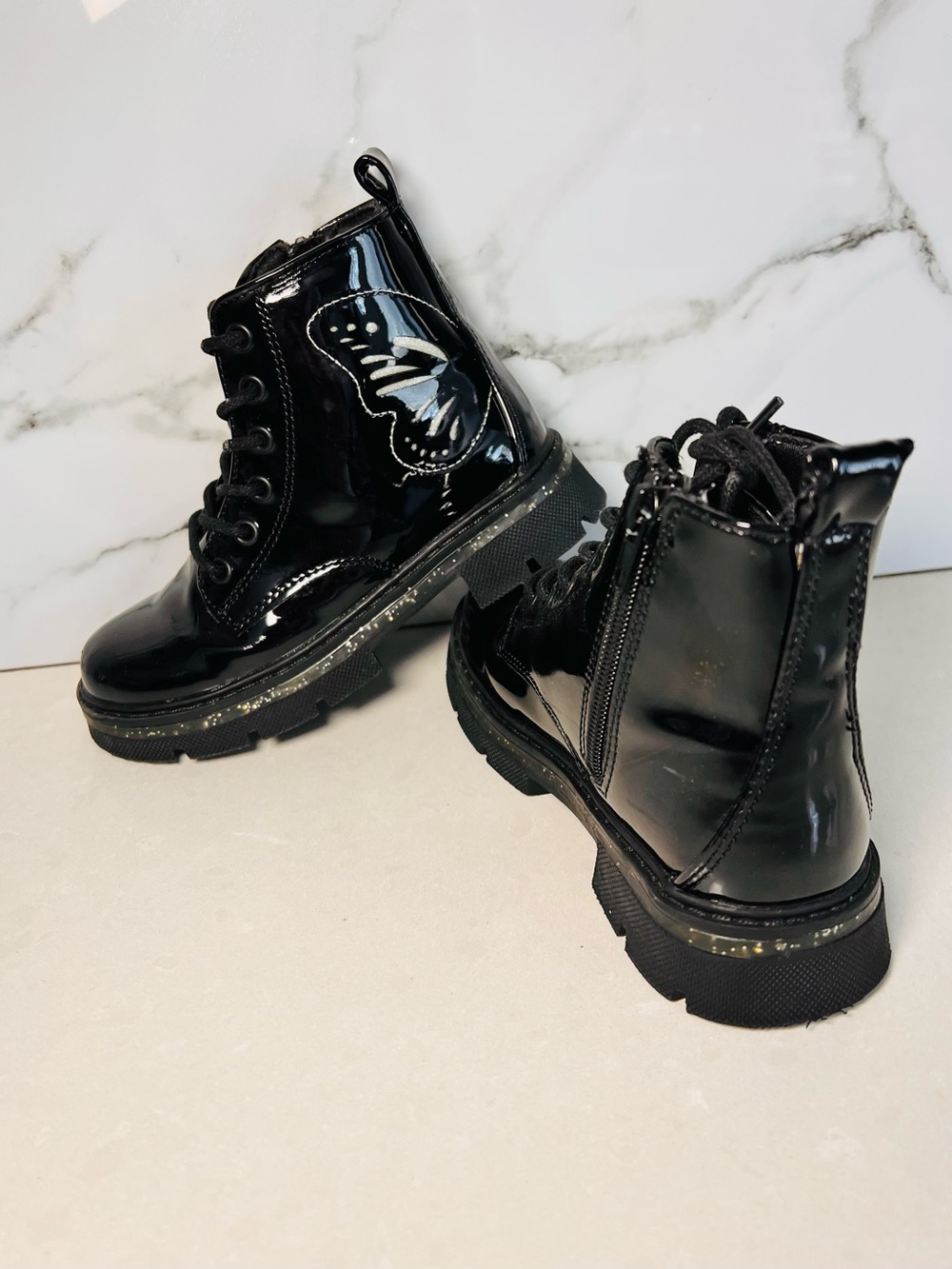 Primark Black Patent Lace-Up Kids Boots with Butterfly Accent